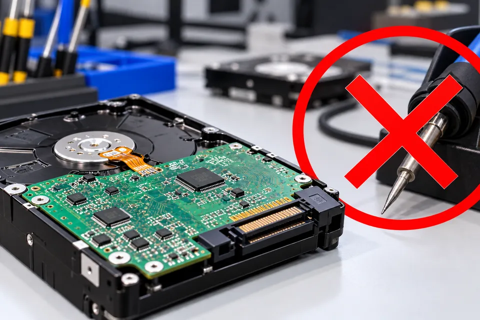 Hard disk PCB connected to a compatible adapter and specialized data recovery interface without soldering
