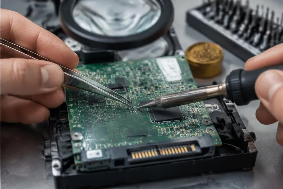 Close-up of a technician repairing a hard disk PCB with a soldering iron and precision tweezers