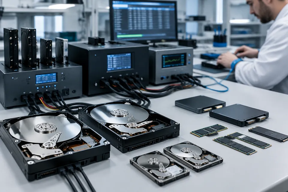 Professional data recovery laboratory with hard disks, SSDs and hardware diagnostic equipment on a technician's workstation